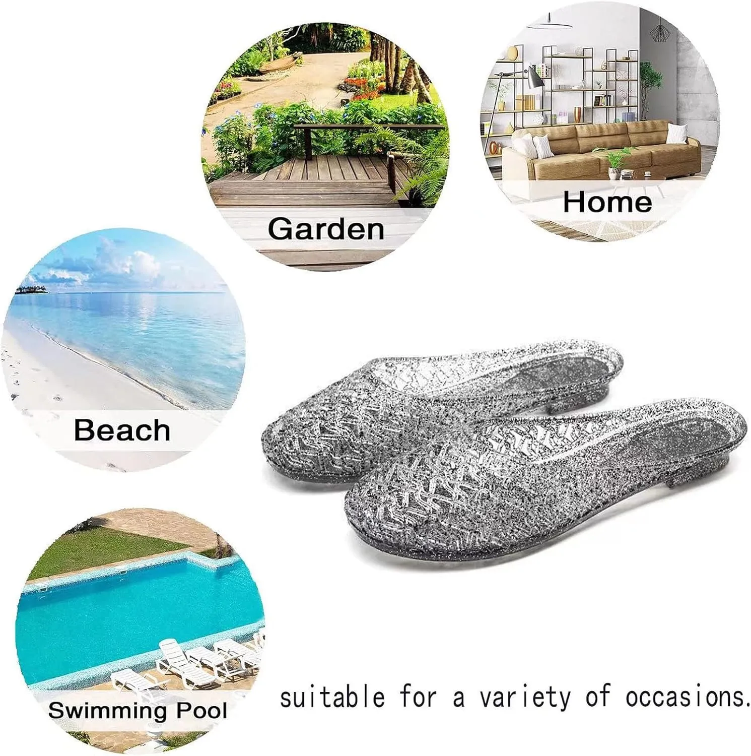 Women's Closed Toe Flat Jelly Slide Sandals Glitter Clear Hollow Out Slip On Summer Beach Mule Sandals Soft Anti-Slip Crystal Jelly Slippers