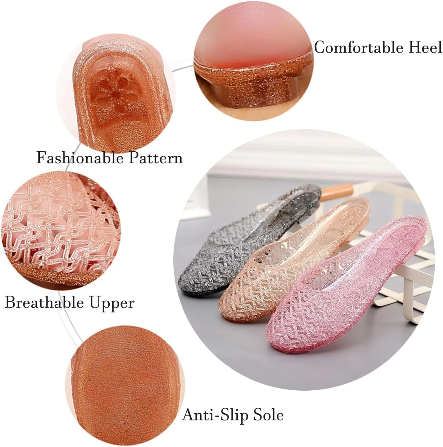 Women's Closed Toe Flat Jelly Slide Sandals Glitter Clear Hollow Out Slip On Summer Beach Mule Sandals Soft Anti-Slip Crystal Jelly Slippers