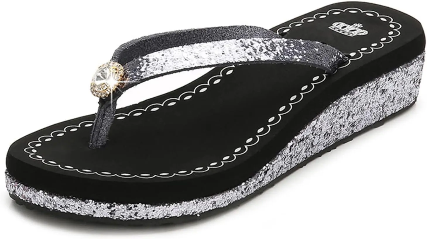 Women's Crystal Sequin Low Heel Flip Flops, Summer Arch Support Flip Flop Sandals, Non Slip Glitter Sequin Flip Flops.