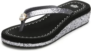 Women's Crystal Sequin Low Heel Flip Flops, Summer Arch Support Flip Flop Sandals, Non Slip Glitter Sequin Flip Flops.