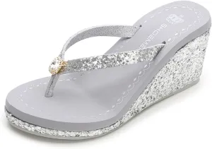 Women's Crystal Sequin Wedge Flip-Flops,Summer Arch Support Beach Slides,Non-Slip Platform Flip Flop Sandals.
