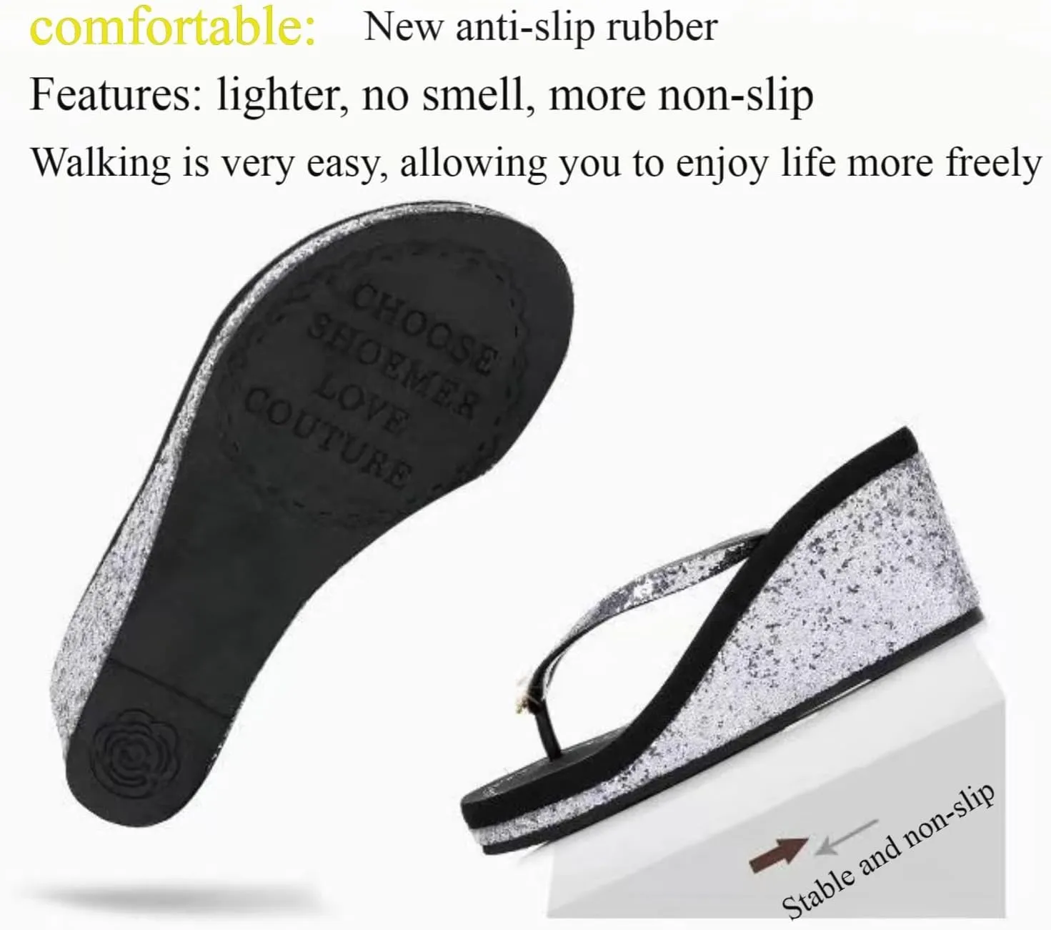 Women's Crystal Sequin Wedge Flip-Flops,Summer Arch Support Beach Slides,Non-Slip Platform Flip Flop Sandals.