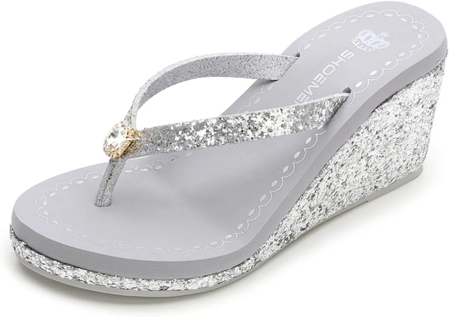 Women's Crystal Sequin Wedge Flip-Flops,Summer Arch Support Beach Slides,Non-Slip Platform Flip Flop Sandals.