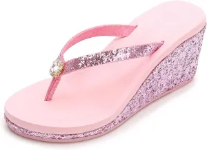 Women's Crystal Sequin Wedge Flip-Flops,Summer Arch Support Beach Slides,Non-Slip Platform Flip Flop Sandals.