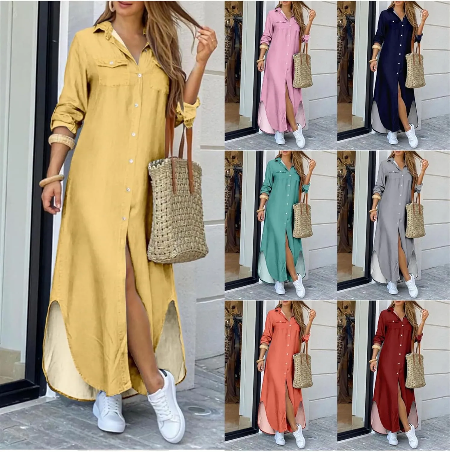 Women's Fitted Printed Shirt Maxi Buttons Dress Holiday Roll Up Blouse