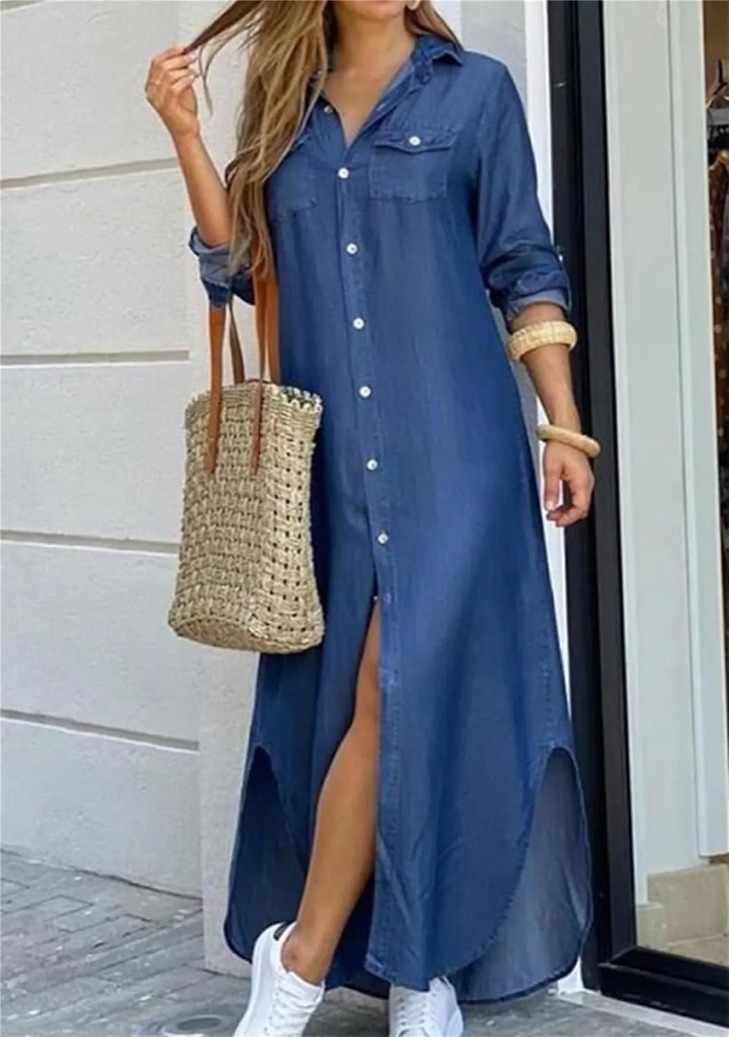 Women's Fitted Printed Shirt Maxi Buttons Dress Holiday Roll Up Blouse