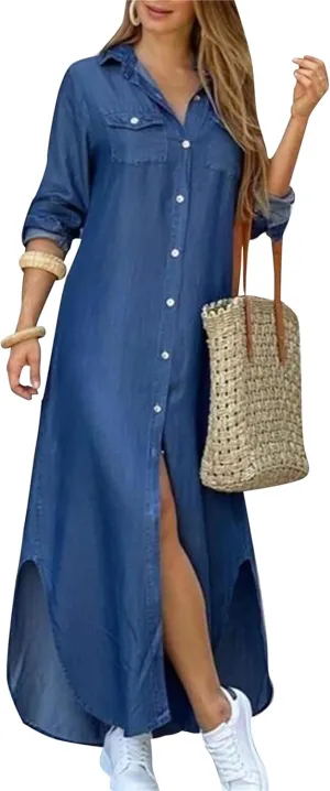 Women's Fitted Printed Shirt Maxi Buttons Dress Holiday Roll Up Blouse