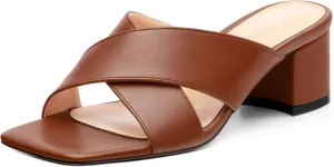 Womens Heeled Sandals Criss Cross Casual Slip On Chunky Square Open Toe Mule Heels Slide Sandals 2 Inch