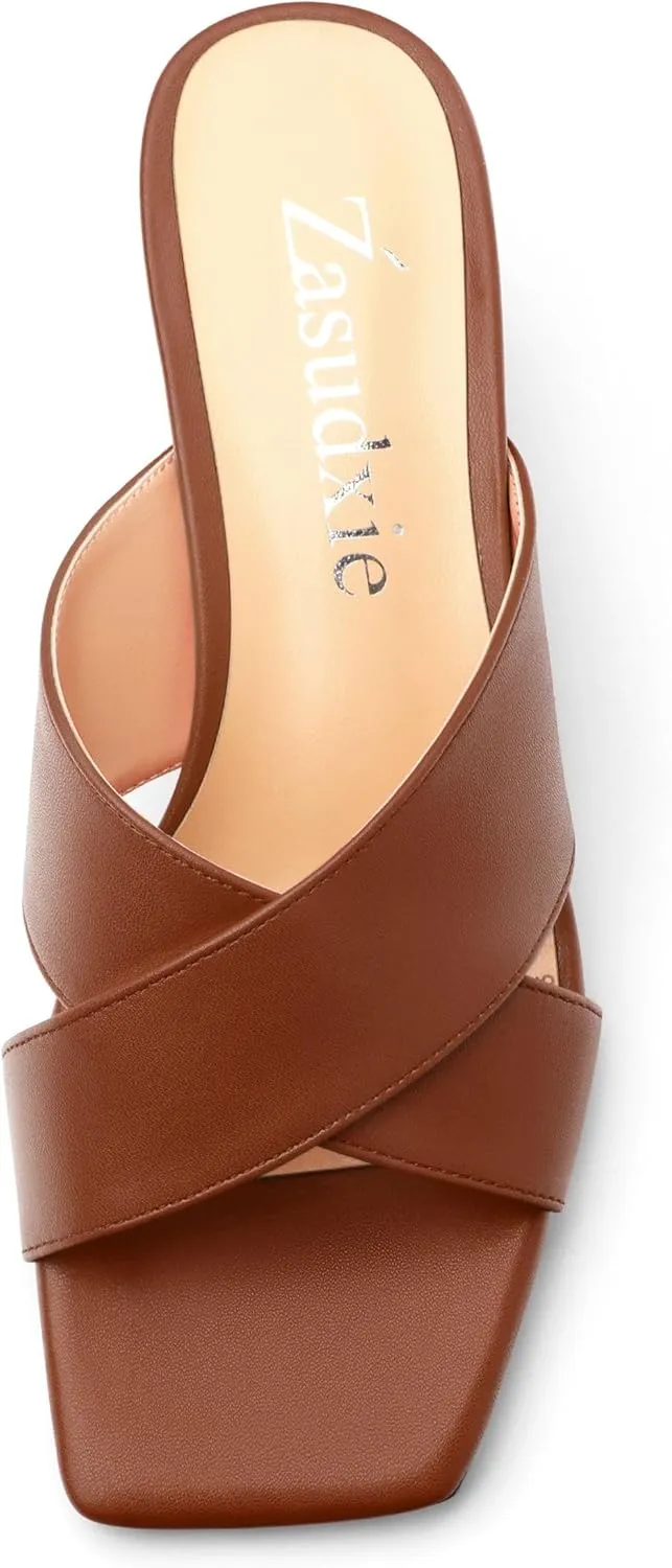 Womens Heeled Sandals Criss Cross Casual Slip On Chunky Square Open Toe Mule Heels Slide Sandals 2 Inch