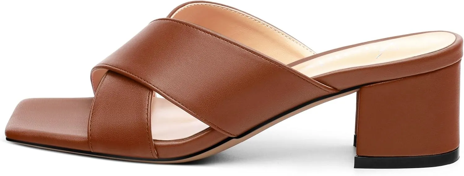 Womens Heeled Sandals Criss Cross Casual Slip On Chunky Square Open Toe Mule Heels Slide Sandals 2 Inch
