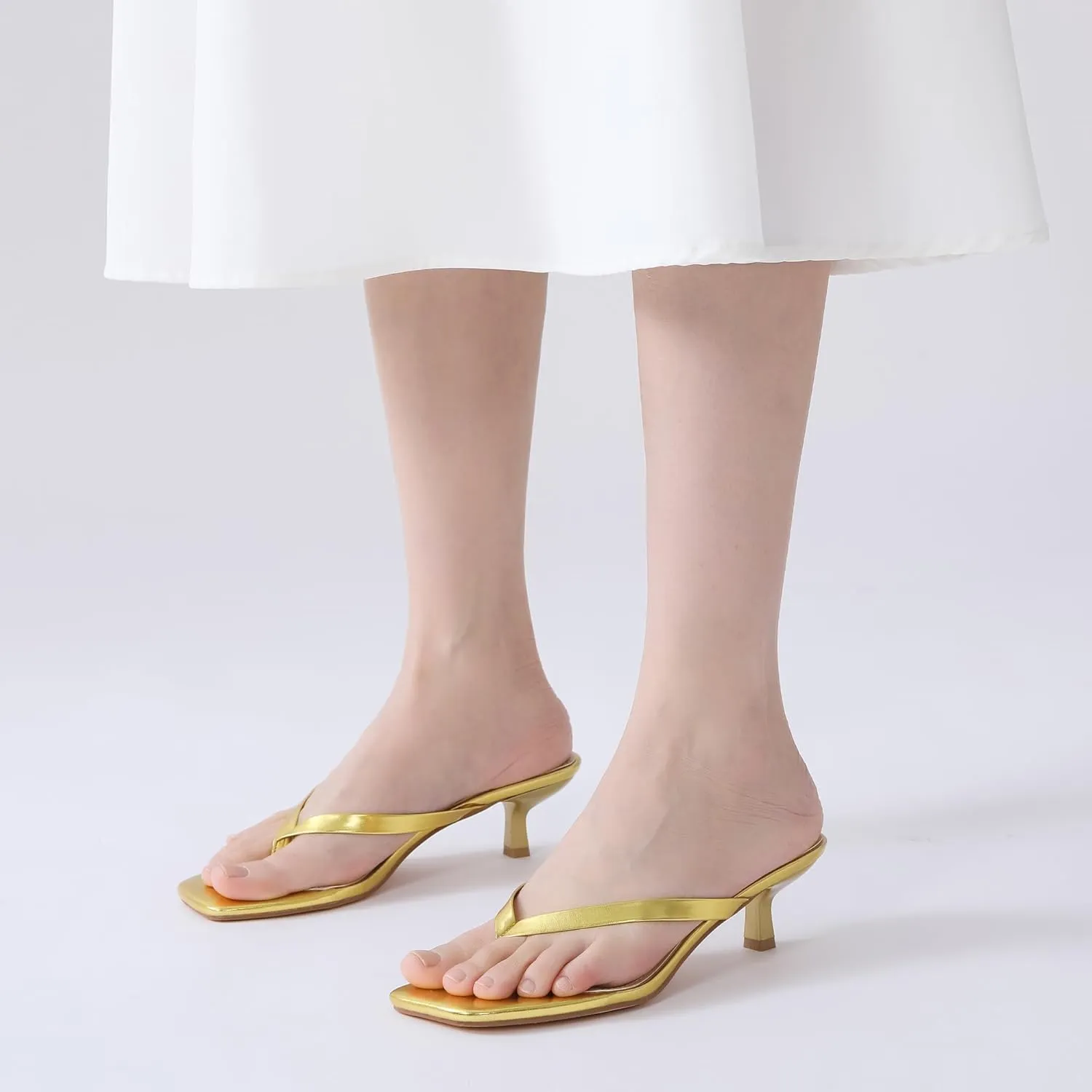 Women's Kitten Heel Sandals Square Toe Slip-On Flip Flop Heels Thong Sandals for Beach Summer