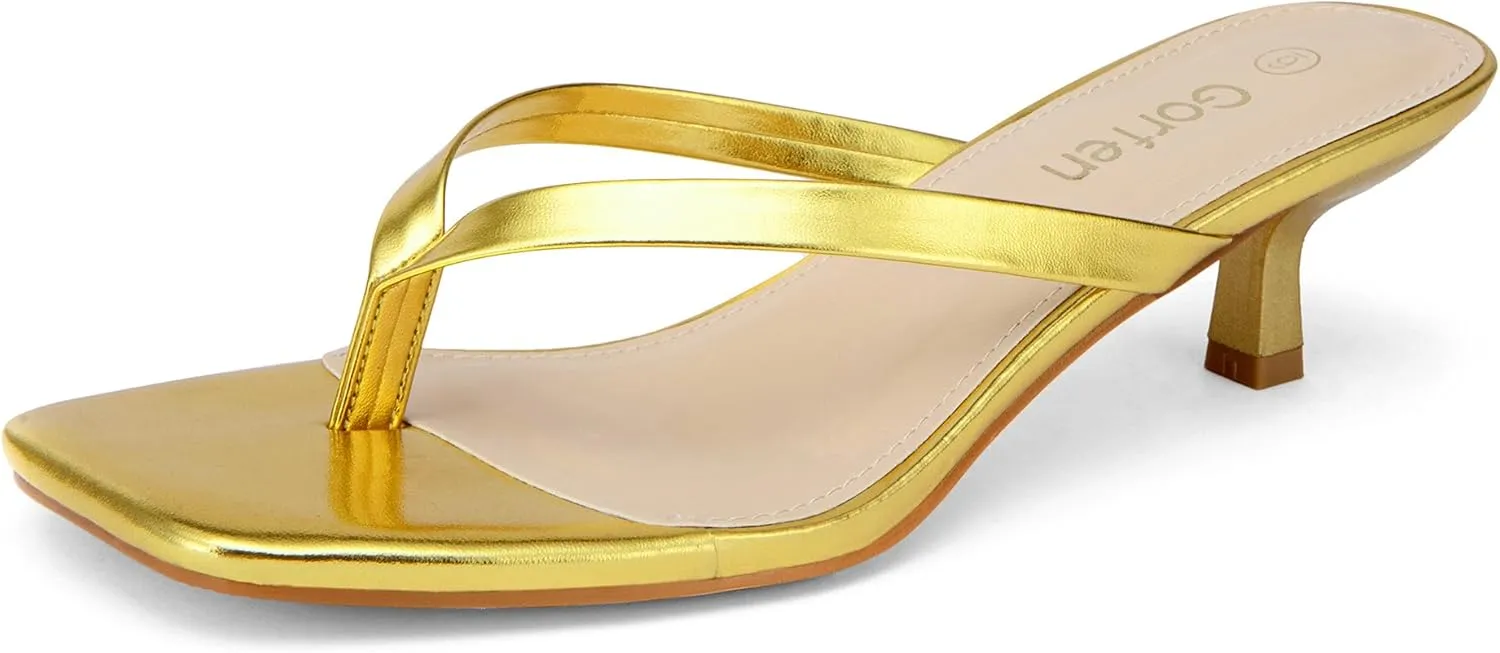 Women's Kitten Heel Sandals Square Toe Slip-On Flip Flop Heels Thong Sandals for Beach Summer