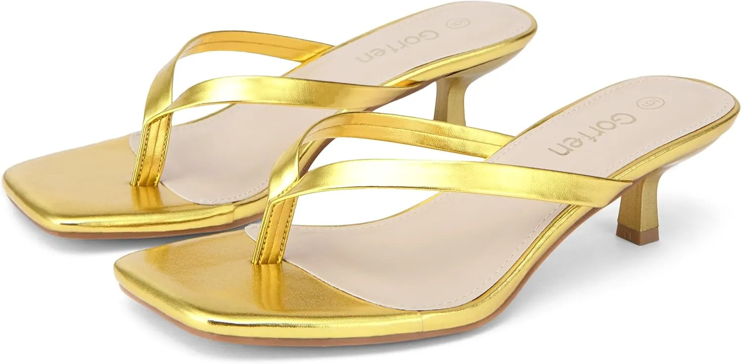 Women's Kitten Heel Sandals Square Toe Slip-On Flip Flop Heels Thong Sandals for Beach Summer