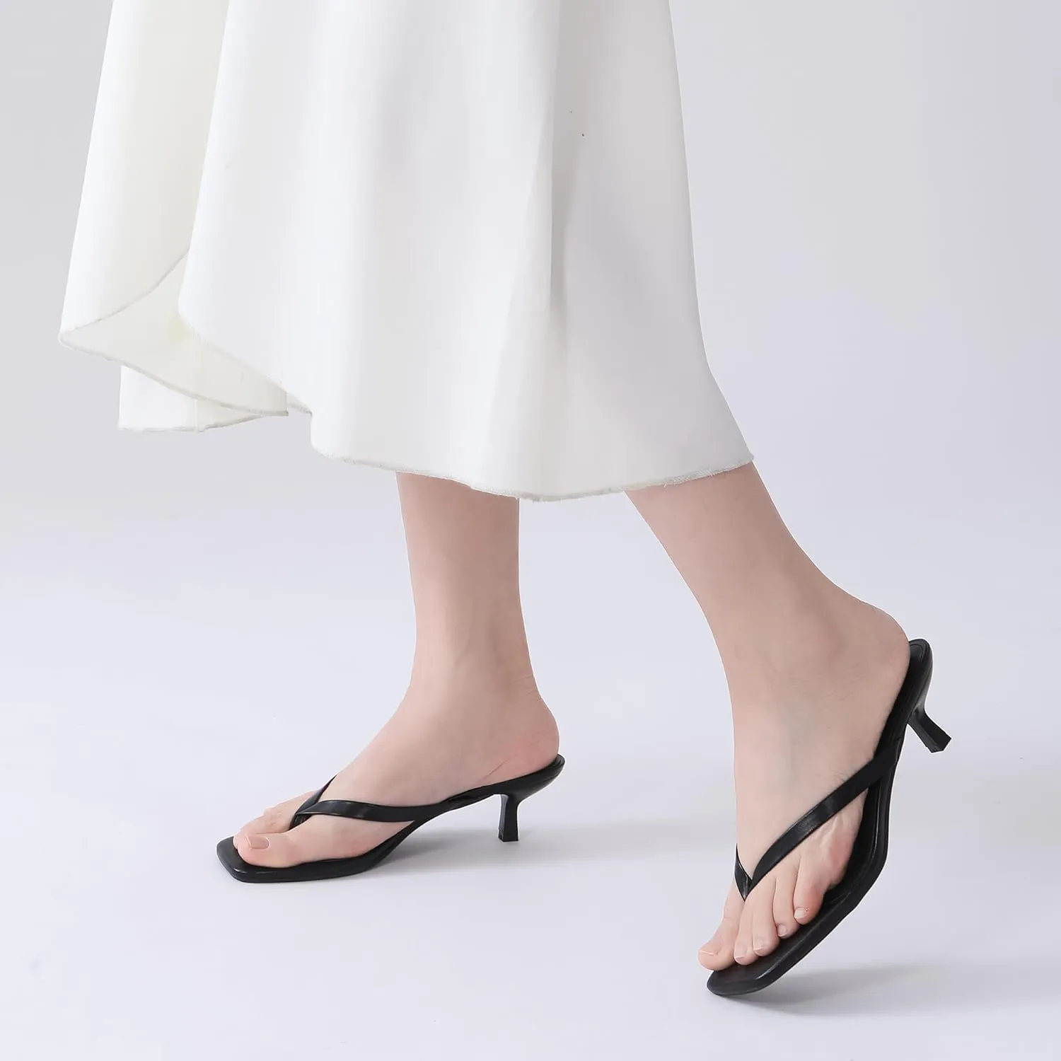 Women's Kitten Heel Sandals Square Toe Slip-On Flip Flop Heels Thong Sandals for Beach Summer