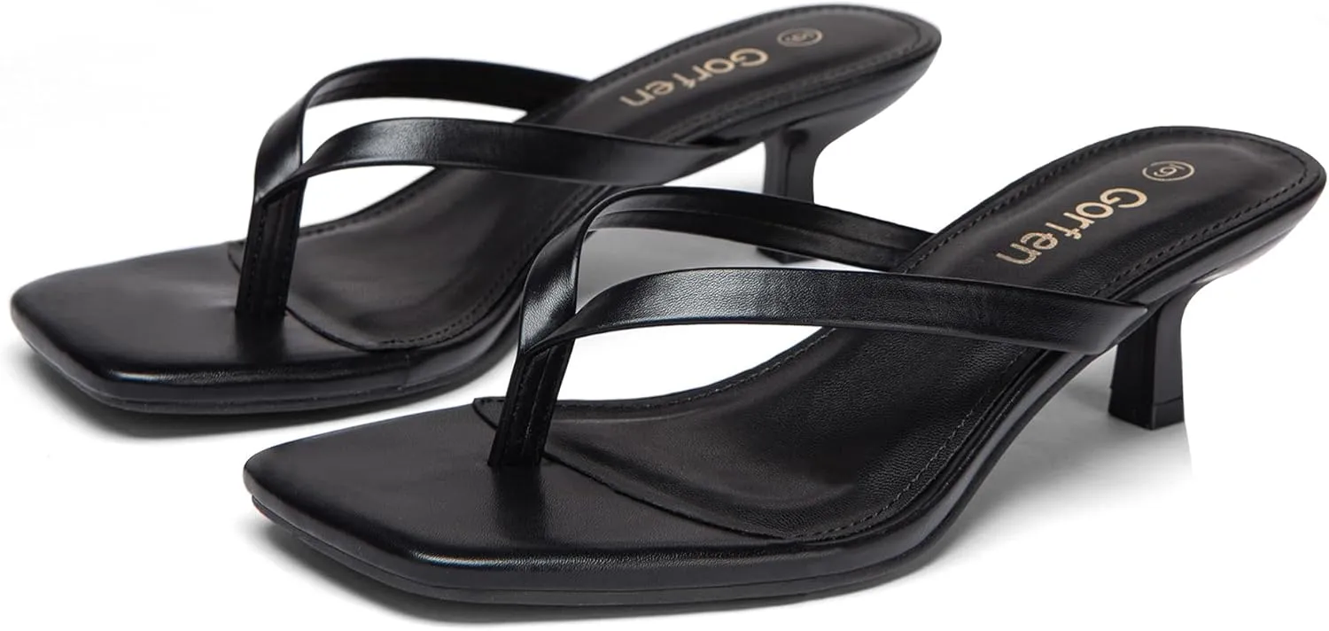 Women's Kitten Heel Sandals Square Toe Slip-On Flip Flop Heels Thong Sandals for Beach Summer