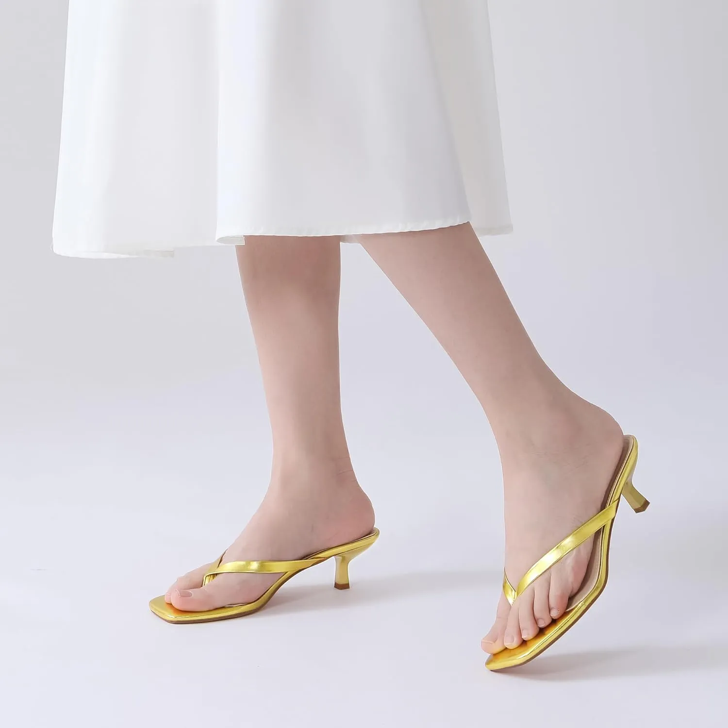 Women's Kitten Heel Sandals Square Toe Slip-On Flip Flop Heels Thong Sandals for Beach Summer