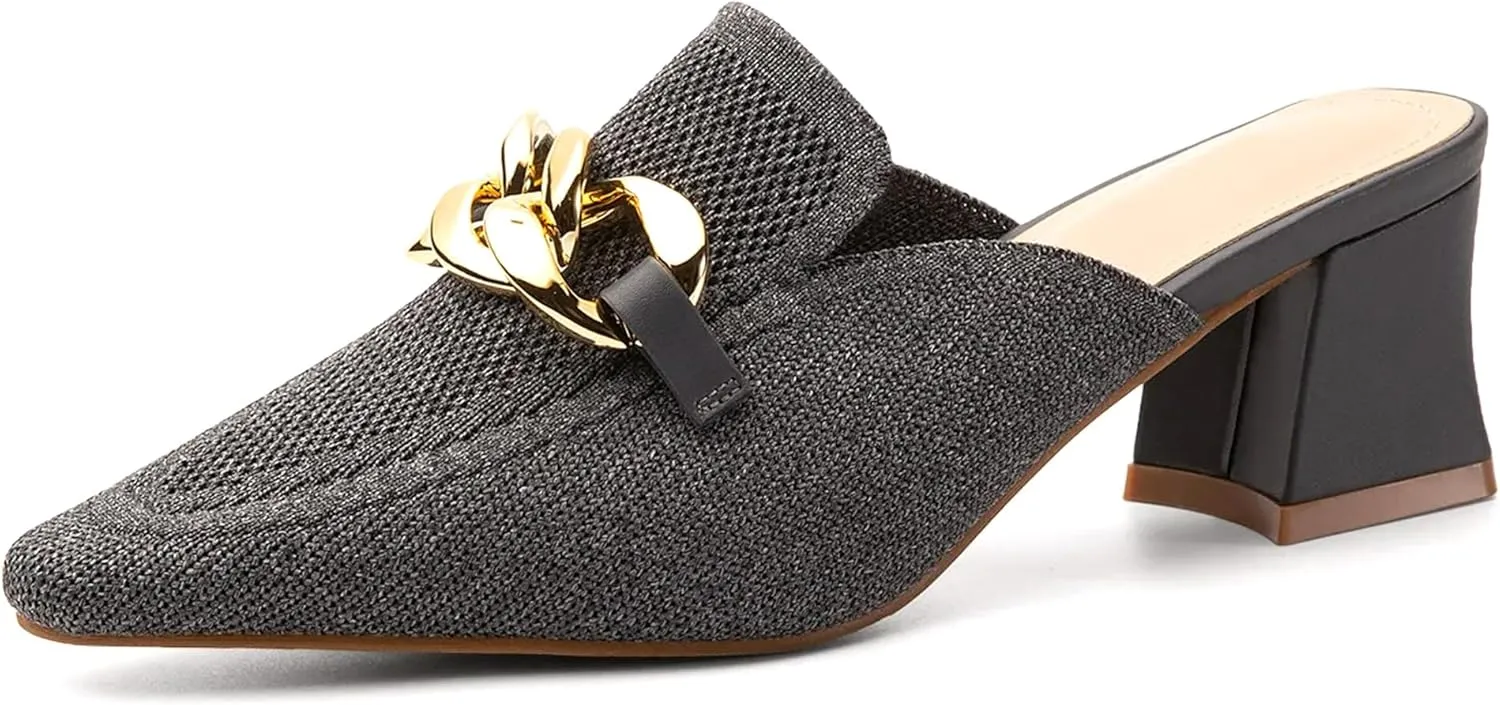 Women's Knit Pointed Toe Chunky Heel Mules, Comfortable Slip-On Sandals for Business and Daily Wear