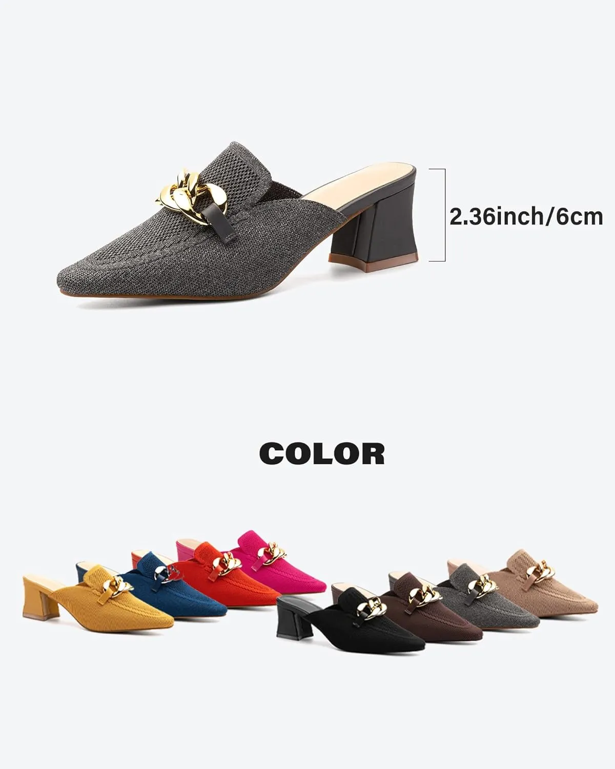 Women's Knit Pointed Toe Chunky Heel Mules, Comfortable Slip-On Sandals for Business and Daily Wear