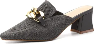 Women's Knit Pointed Toe Chunky Heel Mules, Comfortable Slip-On Sandals for Business and Daily Wear