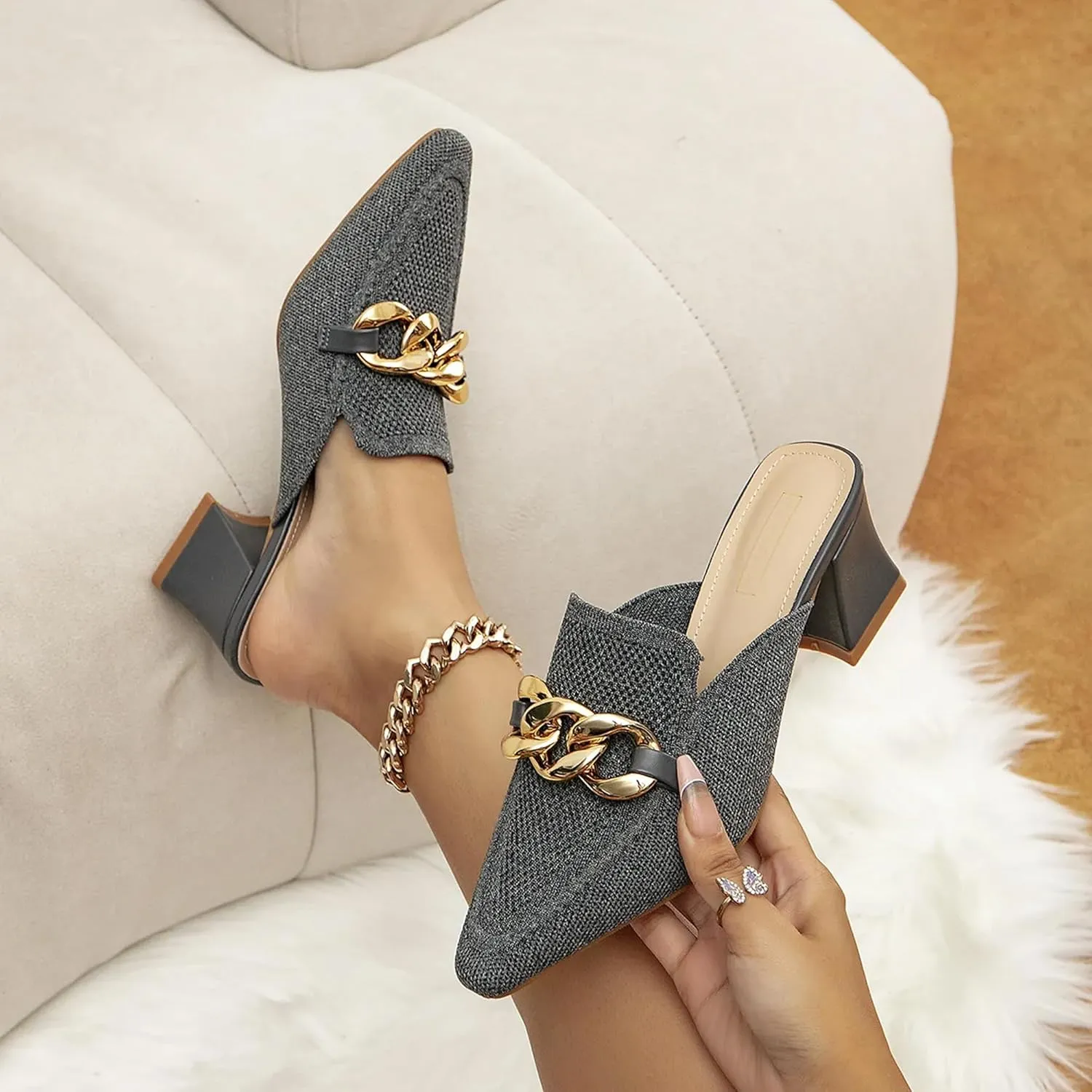 Women's Knit Pointed Toe Chunky Heel Mules, Comfortable Slip-On Sandals for Business and Daily Wear