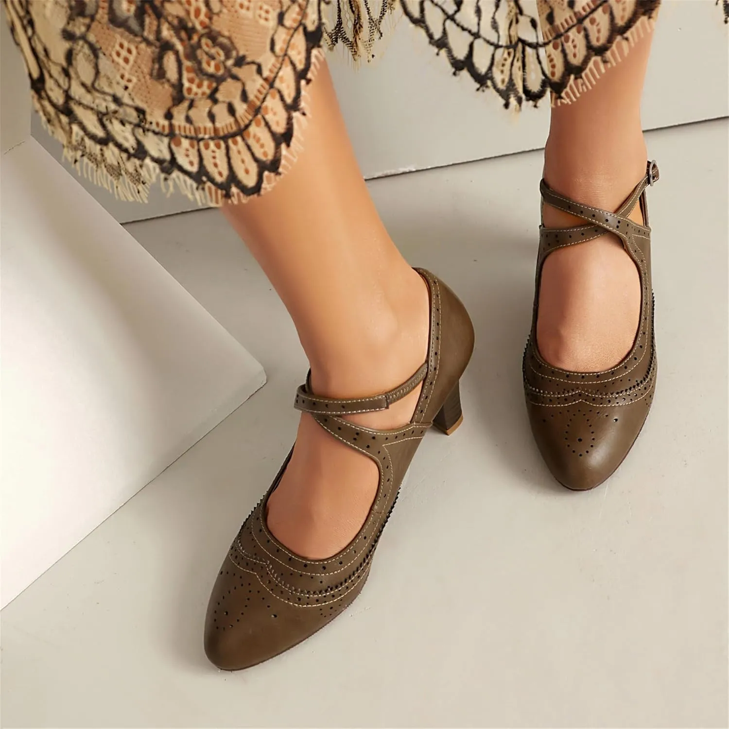 Women's Mary Jane Rockability Oxford Close Round Toe Vintage Wingtip 1950s Heels Ankle Straps Retro 1920s Victorian Pumps Shoes
