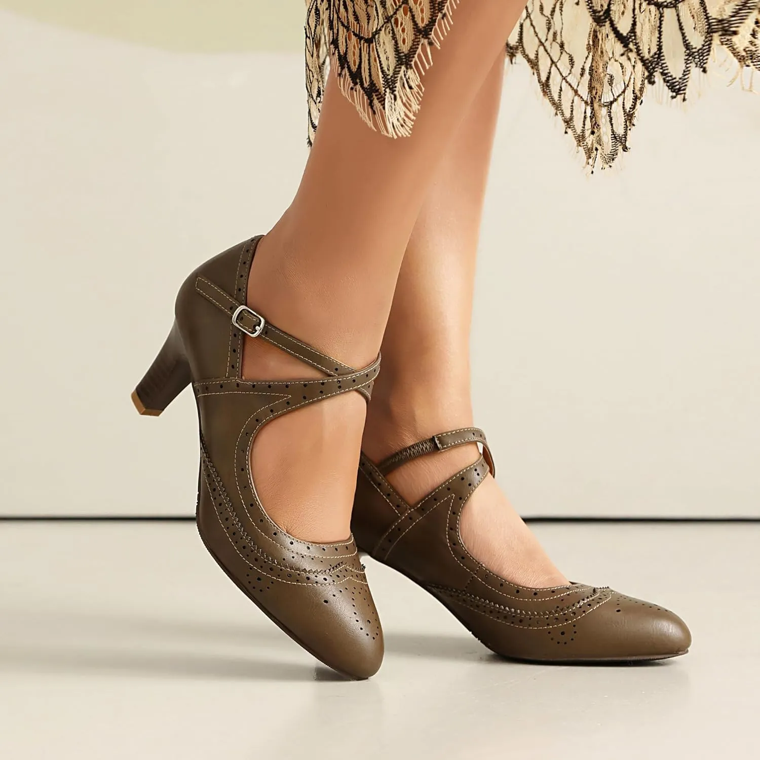 Women's Mary Jane Rockability Oxford Close Round Toe Vintage Wingtip 1950s Heels Ankle Straps Retro 1920s Victorian Pumps Shoes