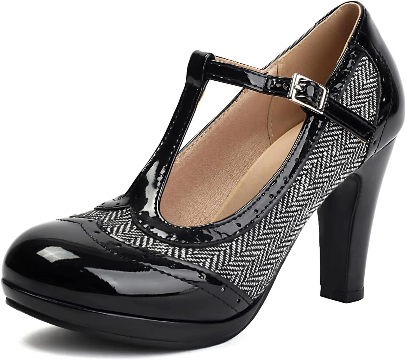 Women's Mary Jane Two Tones 1920s Pump HeelsWingtip Classic and Retro Oxford Pattern Vintage Round Closed Toe 1950s Ankle Strap Dress Shoes