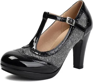 Women's Mary Jane Two Tones 1920s Pump HeelsWingtip Classic and Retro Oxford Pattern Vintage Round Closed Toe 1950s Ankle Strap Dress Shoes