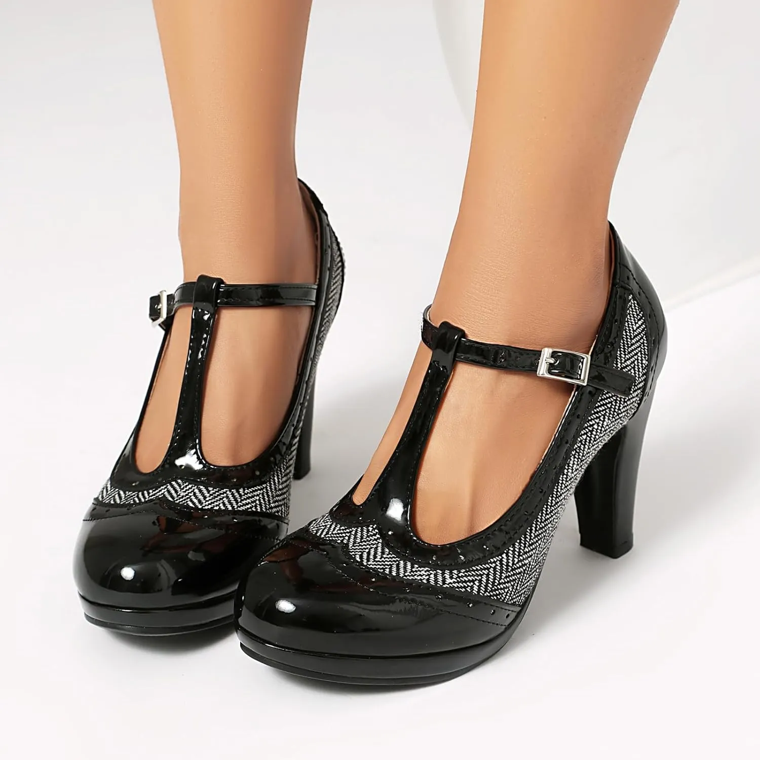 Women's Mary Jane Two Tones 1920s Pump HeelsWingtip Classic and Retro Oxford Pattern Vintage Round Closed Toe 1950s Ankle Strap Dress Shoes