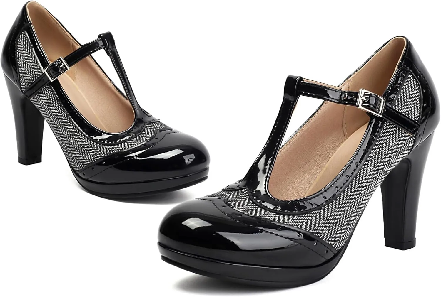 Women's Mary Jane Two Tones 1920s Pump HeelsWingtip Classic and Retro Oxford Pattern Vintage Round Closed Toe 1950s Ankle Strap Dress Shoes