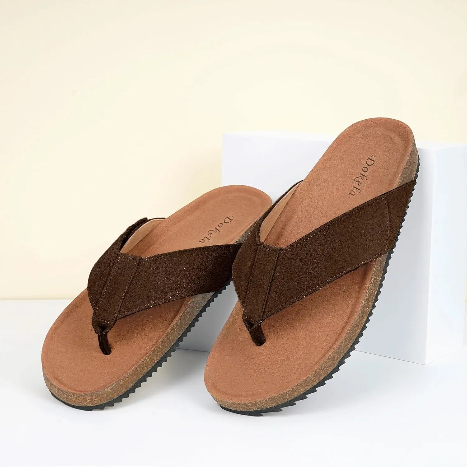 Womens Mens Orthotic Flip Flops Cork Footbed Thong Sandals Suede Leather Arch Support Summer Casual Slip on Open Toe Slippers with Adjustable Straps Indoor Outdoor