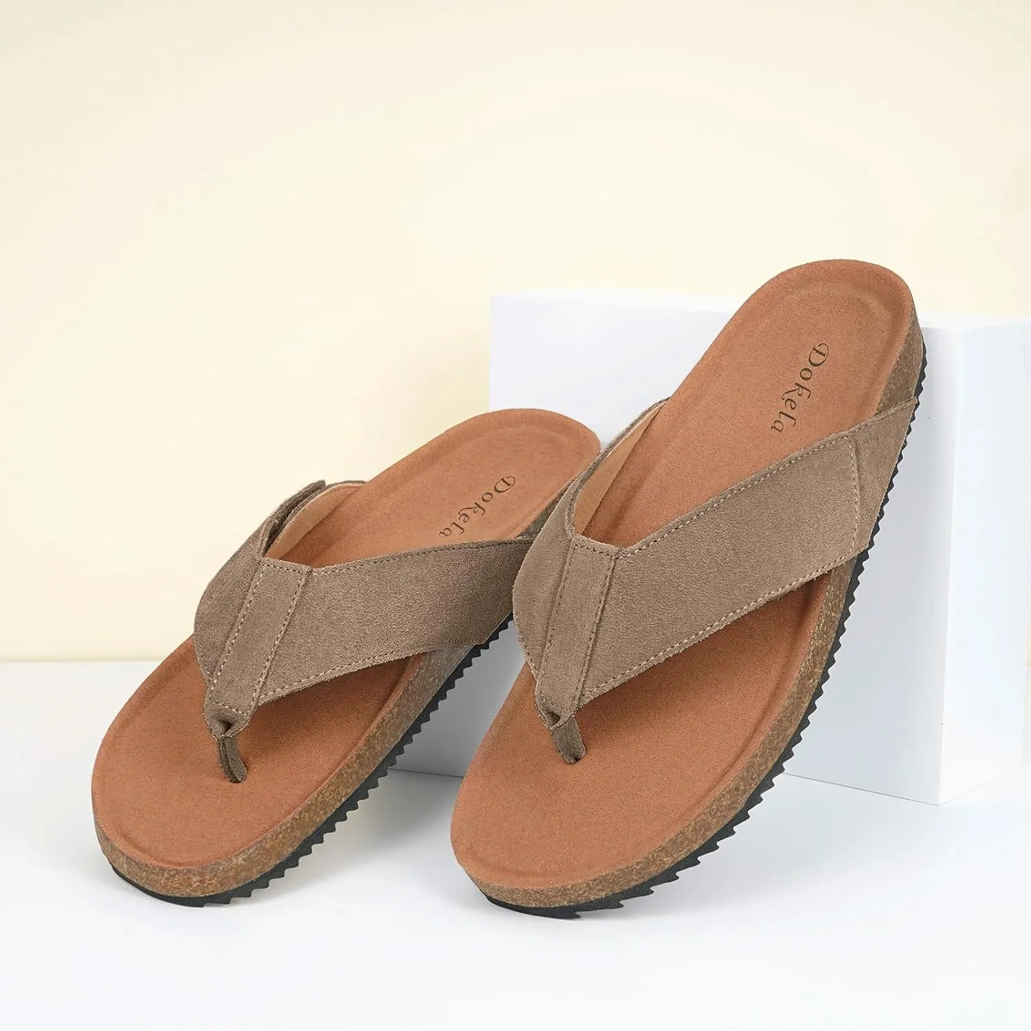 Womens Mens Orthotic Flip Flops Cork Footbed Thong Sandals Suede Leather Arch Support Summer Casual Slip on Open Toe Slippers with Adjustable Straps Indoor Outdoor