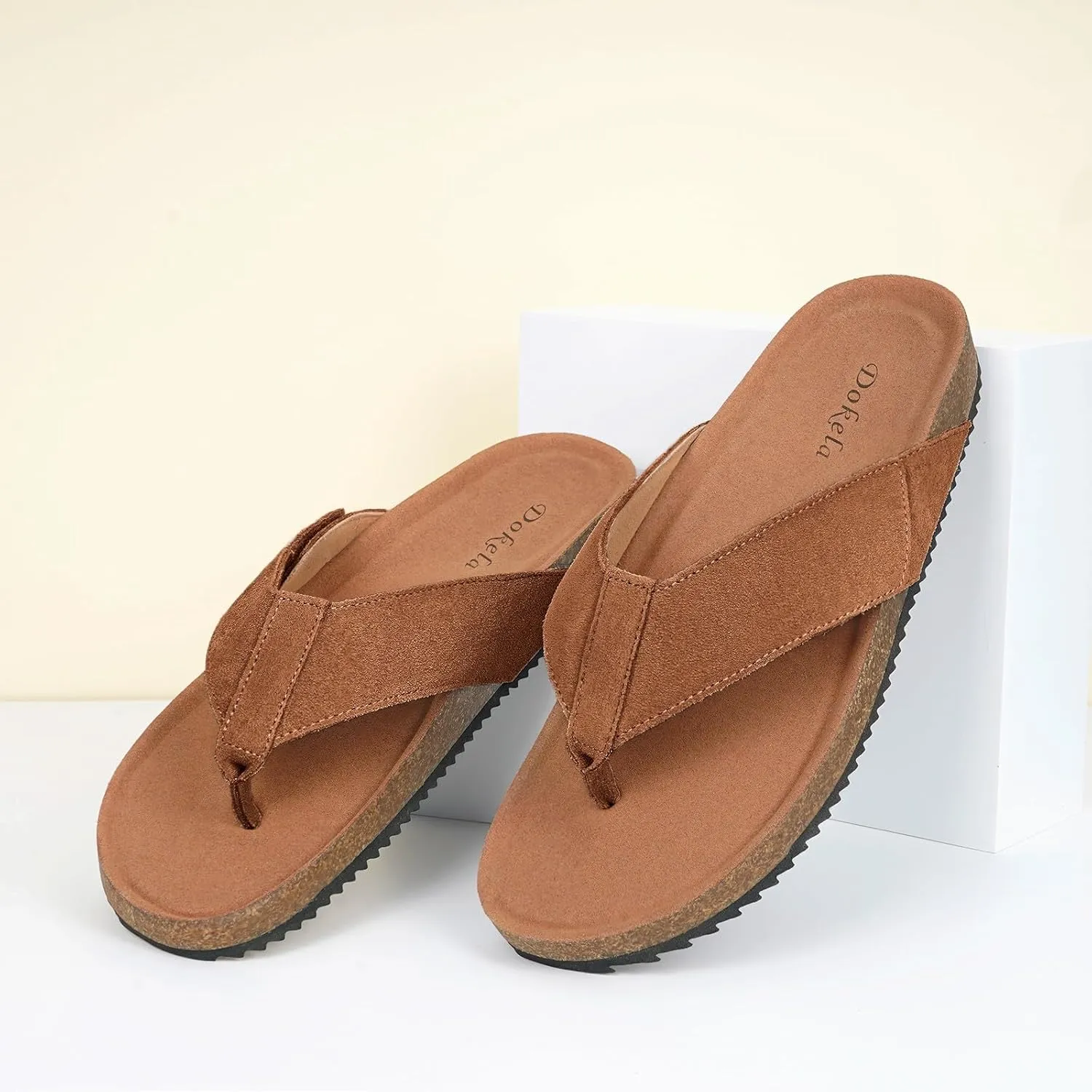 Womens Mens Orthotic Flip Flops Cork Footbed Thong Sandals Suede Leather Arch Support Summer Casual Slip on Open Toe Slippers with Adjustable Straps Indoor Outdoor