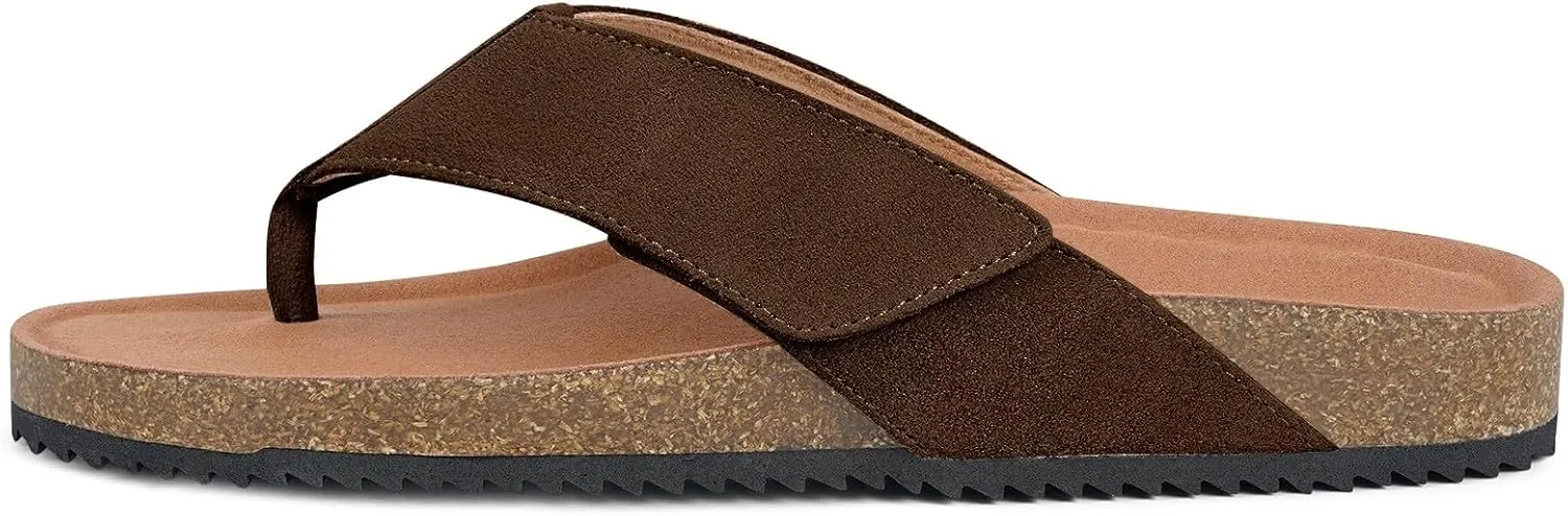 Womens Mens Orthotic Flip Flops Cork Footbed Thong Sandals Suede Leather Arch Support Summer Casual Slip on Open Toe Slippers with Adjustable Straps Indoor Outdoor