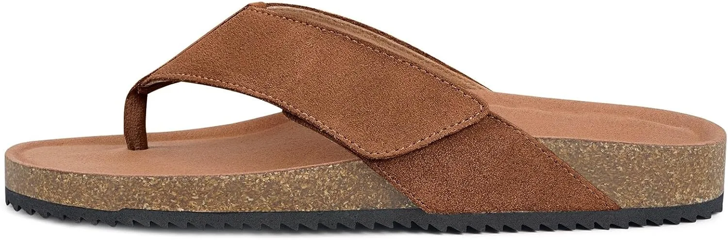 Womens Mens Orthotic Flip Flops Cork Footbed Thong Sandals Suede Leather Arch Support Summer Casual Slip on Open Toe Slippers with Adjustable Straps Indoor Outdoor