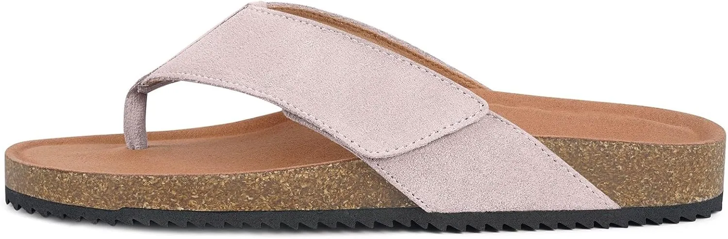 Womens Mens Orthotic Flip Flops Cork Footbed Thong Sandals Suede Leather Arch Support Summer Casual Slip on Open Toe Slippers with Adjustable Straps Indoor Outdoor