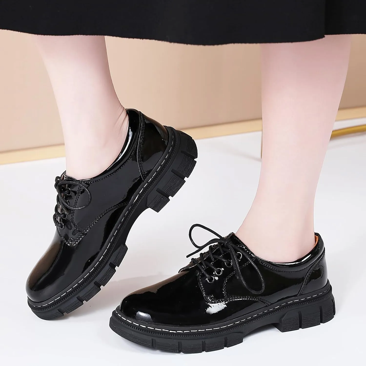 Womens Oxford Shoes Platform Classic Leather Non Slip Dressy Shoes Chunky Comfortable Business Shoes for Work Casual Office
