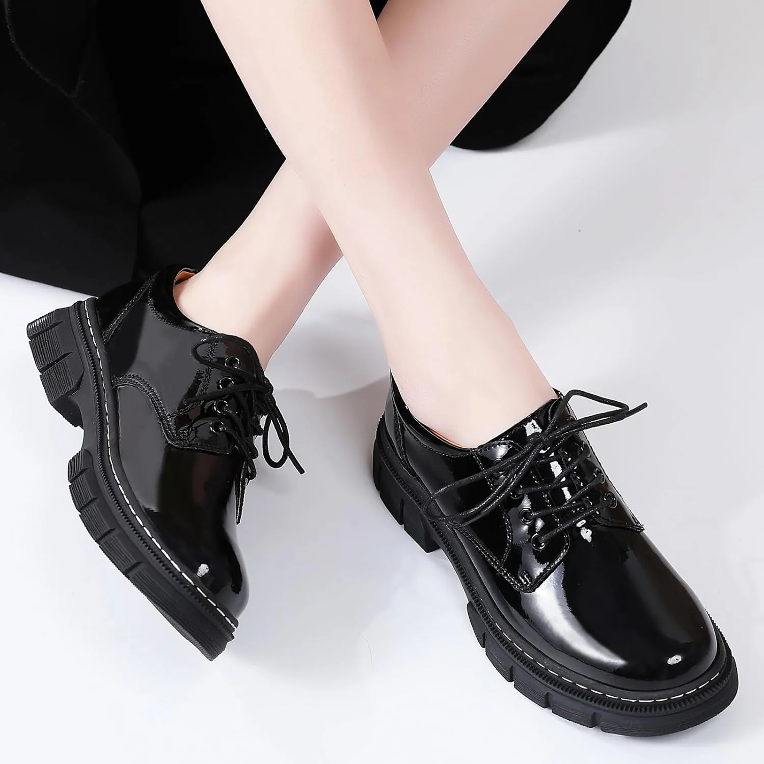 Womens Oxford Shoes Platform Classic Leather Non Slip Dressy Shoes Chunky Comfortable Business Shoes for Work Casual Office