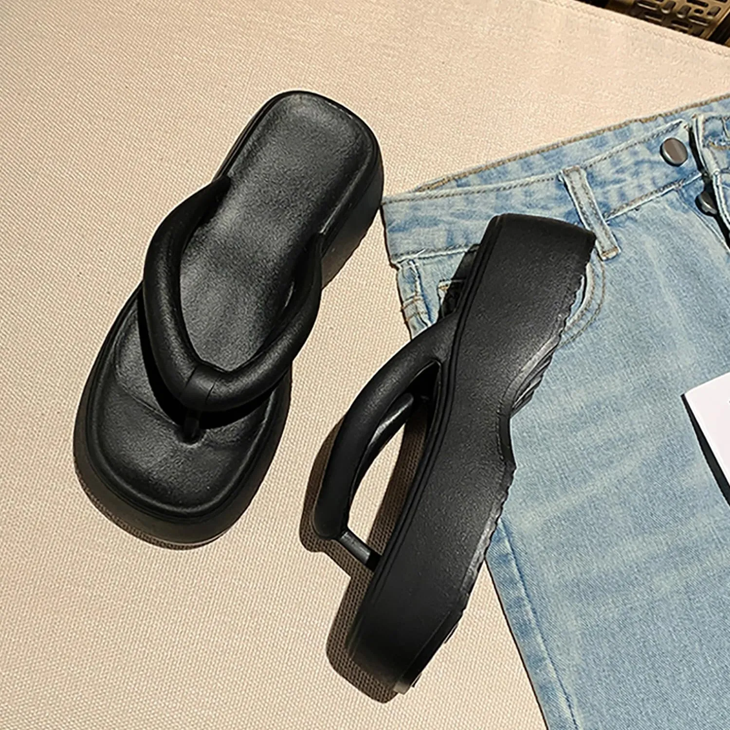 Women's Platform Flip Flops, Casual Wedges Sandals With Arch Support, Summer Chunky Heeled Slides, Beach Thong Slippers
