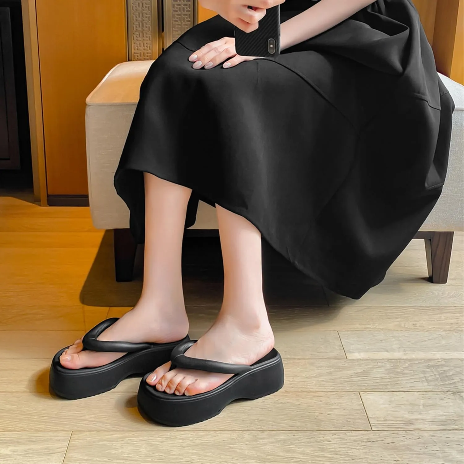 Women's Platform Flip Flops, Casual Wedges Sandals With Arch Support, Summer Chunky Heeled Slides, Beach Thong Slippers
