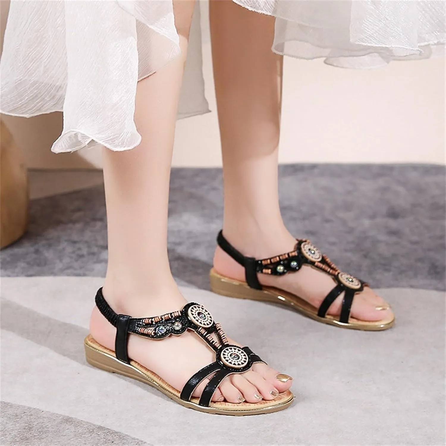 Women's Sandals Summer Bohemia Flats Shoes Comfortable Ankle Strap Outdoor Walking Sandal Open Toe Casual Shoes