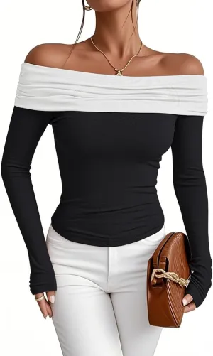 Women's Sexy Off Shoulder Tops Dressy Casual Slim Fit Long Sleeves Spring Fall Blouse Going Out Nightout Shirt