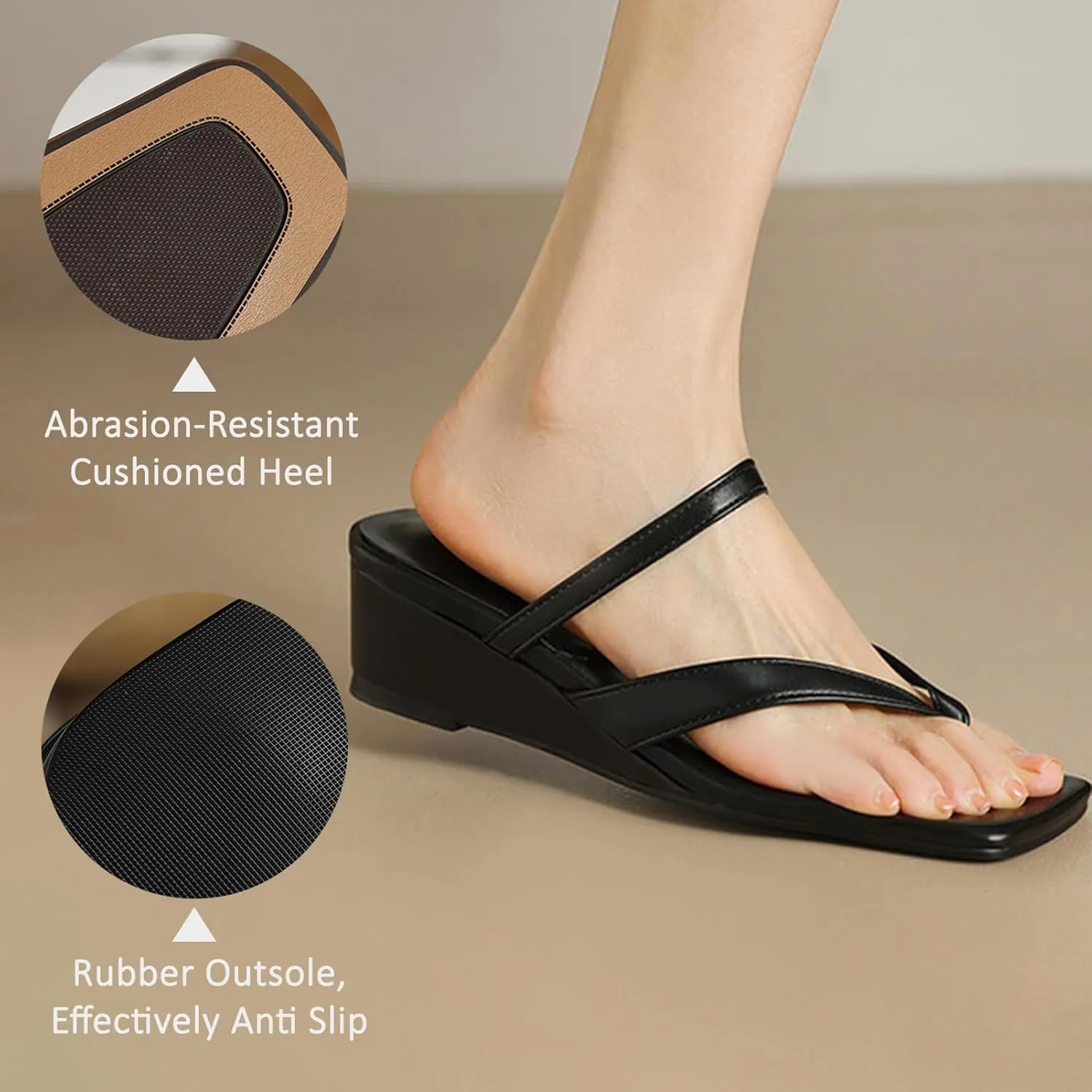 Women's Square Open Toe Low Wedge Heel Sandals Two Strap Flip Flops Slingback Casual Comforty Fashion