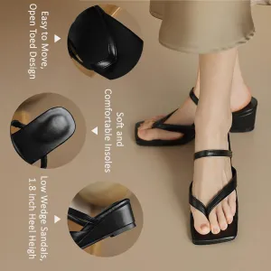 Women's Square Open Toe Low Wedge Heel Sandals Two Strap Flip Flops Slingback Casual Comforty Fashion