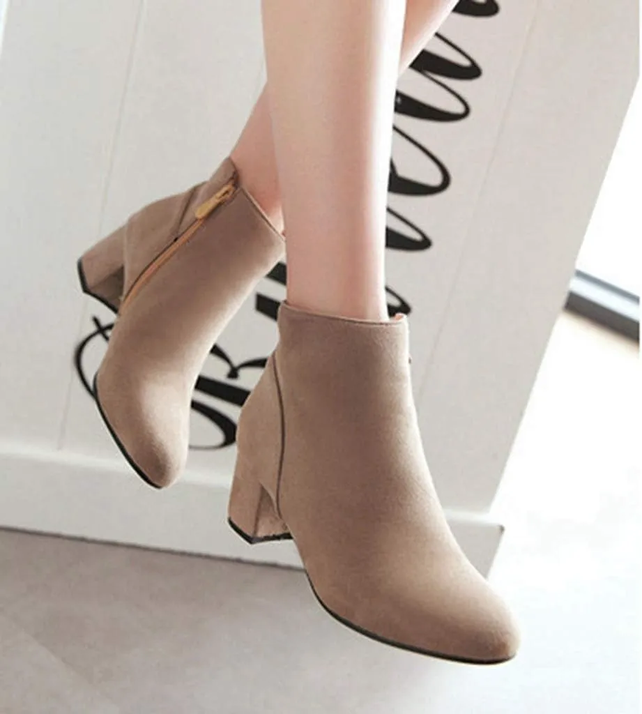 Women's Vegan Suede Dress Ankle Boots Round Toe Zipper Comfy Block Low Heel Booties Dressy Short Boot