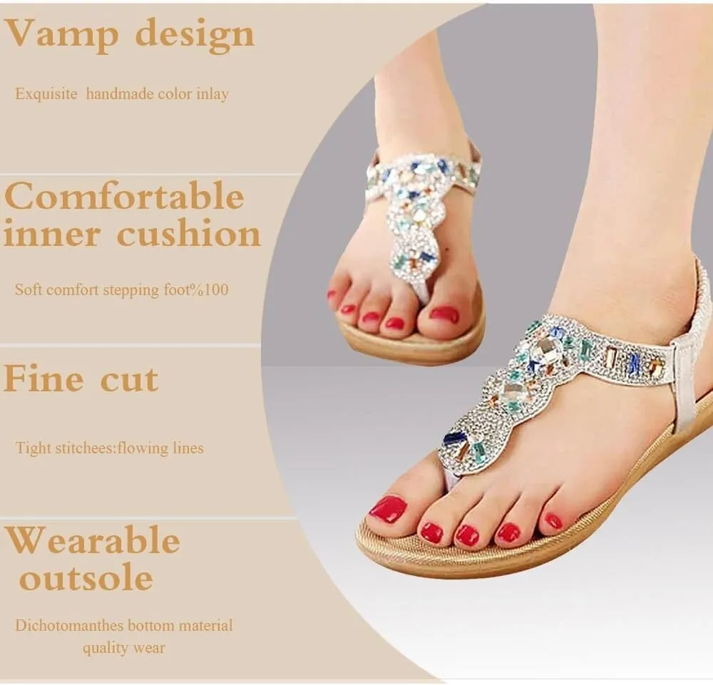 Women's Wedding Sandals Crystal with Rhinestone Beaded Bohemian Dress Flip-flop Gladiator Shoes Plus-size