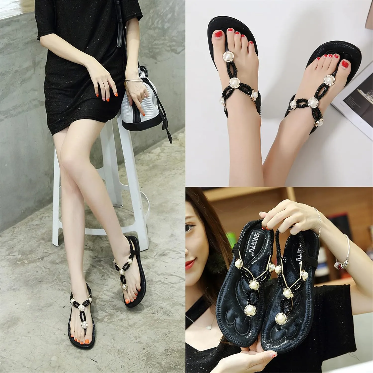 Women's Wedding Sandals Crystal with Rhinestone Beaded Bohemian Dress Flip-flop Gladiator Shoes Plus-size