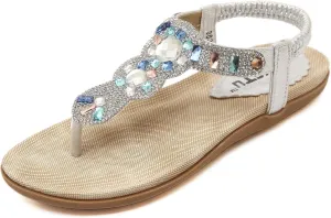 Women's Wedding Sandals Crystal with Rhinestone Beaded Bohemian Dress Flip-flop Gladiator Shoes Plus-size