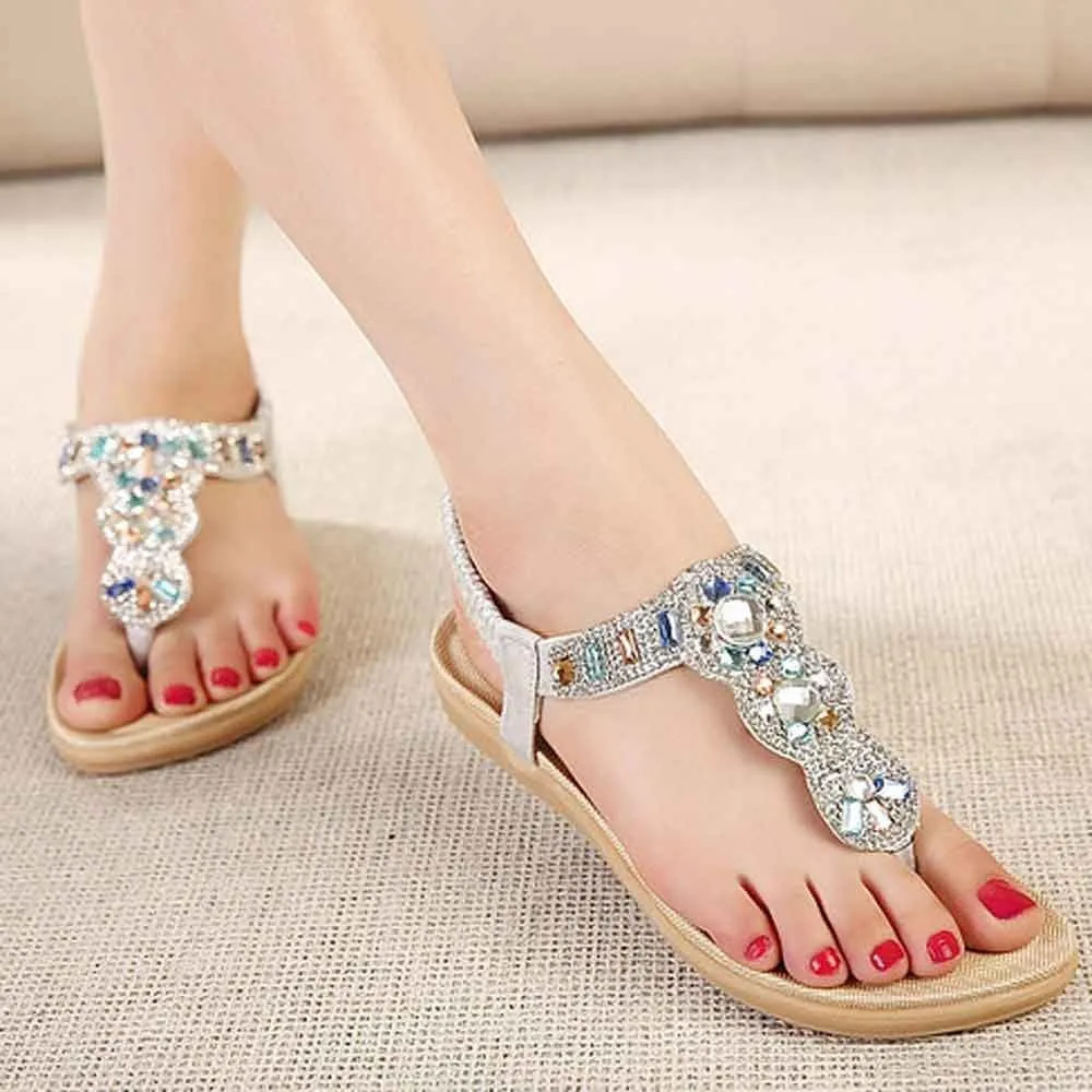 Women's Wedding Sandals Crystal with Rhinestone Beaded Bohemian Dress Flip-flop Gladiator Shoes Plus-size