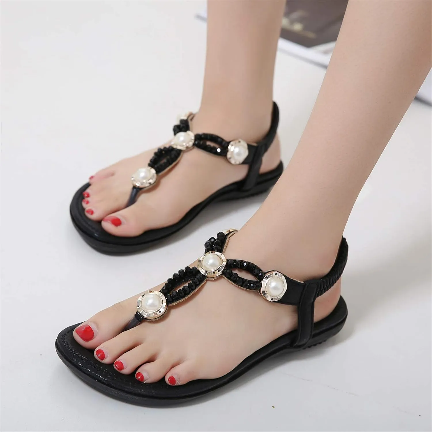 Women's Wedding Sandals Crystal with Rhinestone Beaded Bohemian Dress Flip-flop Gladiator Shoes Plus-size